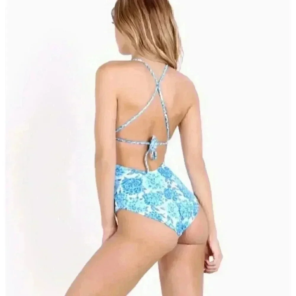 Frankie's Bikinis Poppy One Piece Blue Dahlia in size medium